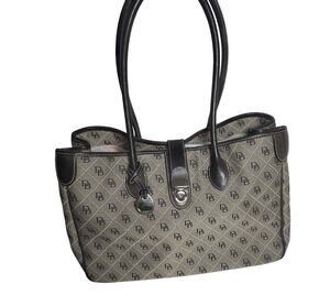 Dooney & Bourke Monogram Canvas Tote Gray Black Leather Purse Preppy Classic Bag